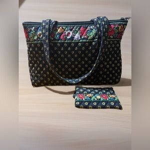 Vera Bradley Navy Tote with Floral Embroidery and matching coin purse